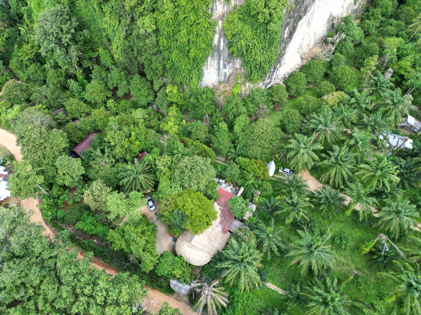 Aerial view of the Spirit Mountain grounds against the karst