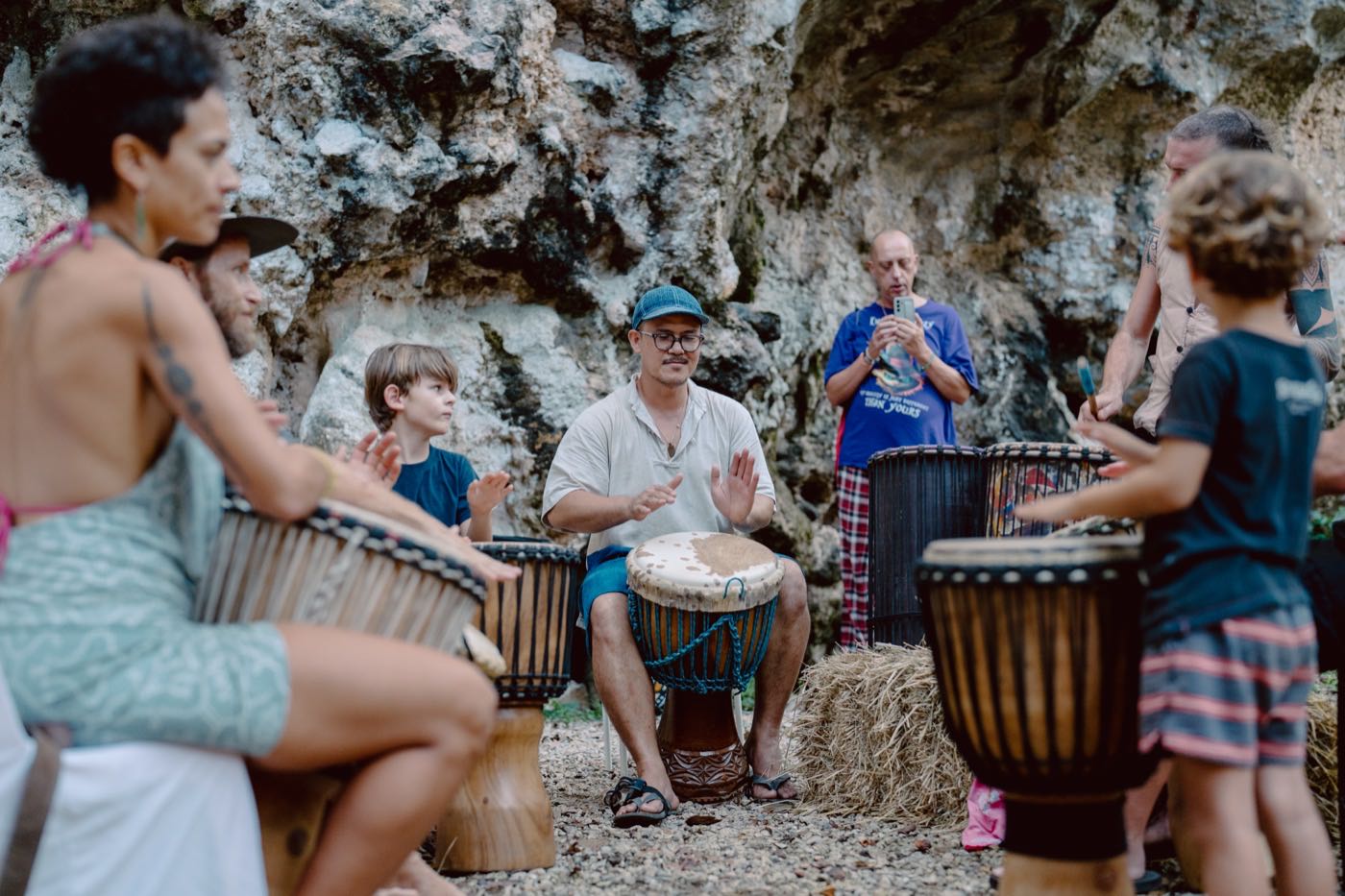 A group drumming circle