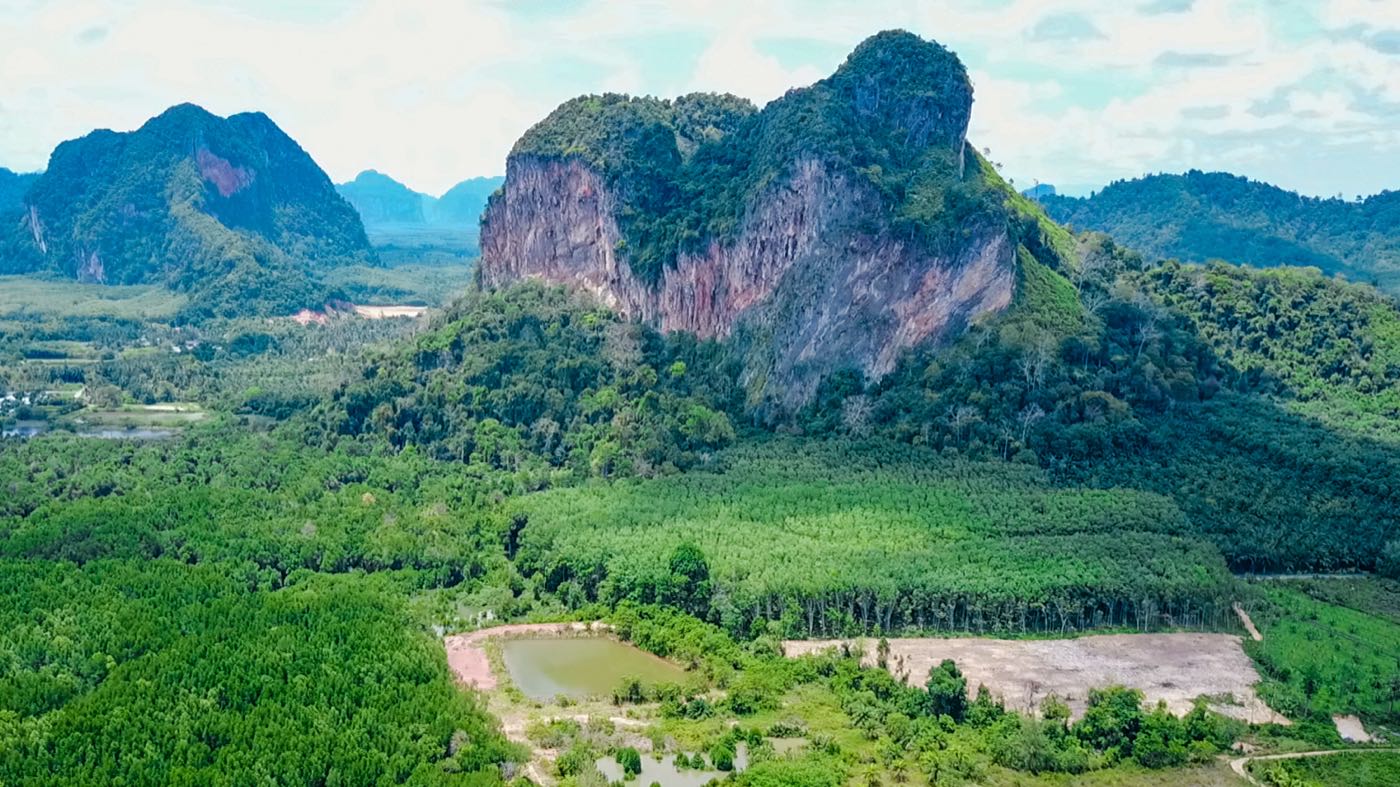 Aerial view of the limestone karst rising from the jungle