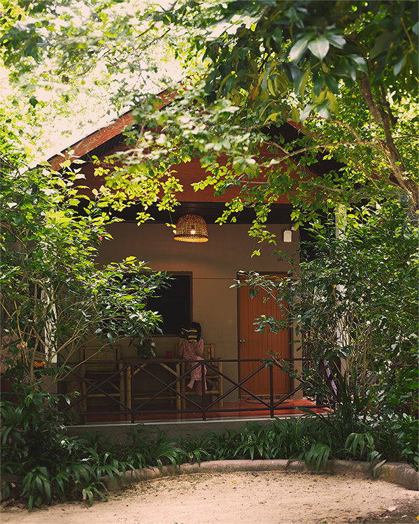 A jungle bungalow with its porch facing the garden